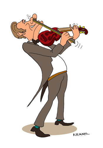Карикатура о скрипаче. Скрипач на скрипке чешет смычком нос. Ковыряет в носу козюку седьмой октавой.