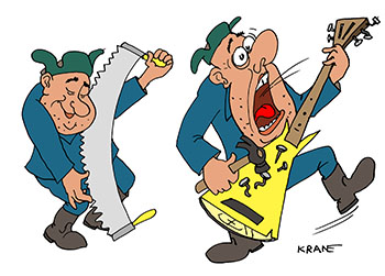 Карикатура про ансамбль уголовников. Группа музыкантов с гитарой и пилой играющие на деревянной доске и пиле.