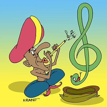Карикатура про закленателя змей. Индийский йог заклинатель змей играет на дудочке. Змея под музыку пляшет.