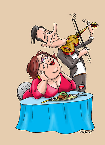 Карикатура про срипача в ресторане. Женщина слушает скрипку и совсем мало кушает. 