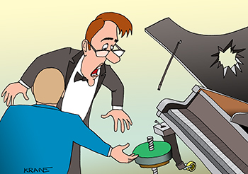 Карикатура про рояль. Маэстро приглашают к роялю. Рояль сломан.