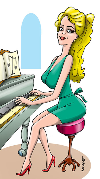 Карикатура про девушку с роялем. Девушка сидит за роялем.