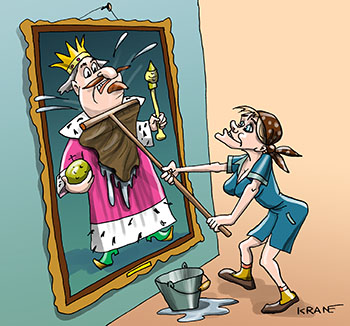 Карикатура про лица на картинах в музее. Техничка моет полы в музее. В обязанности входит и мытьё стен и картин, не взирая на лица.