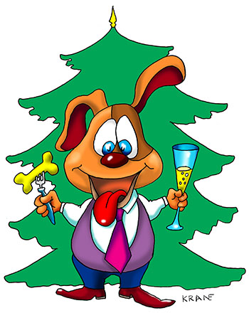 Карикатура о Новогодней елке. Пес с фужером, на закуску сахарная кость. Поздравление у елки с праздником.