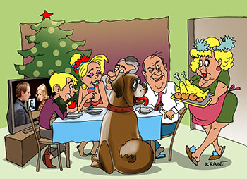 Карикатура про Новый год в семейном кругу. Семья сидит за новогодним столом. По телевизору показывают Иронию судьбы или с лёгким паром. Собака сидит рядом со столом и ждёт когда ей кинут косточку. Хозяйка несет рождественского гуся. 