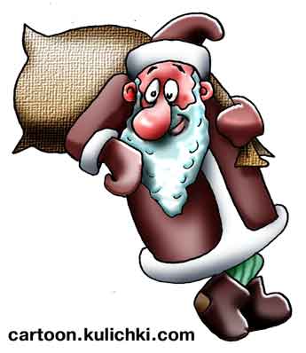 Карикатура о Деде. Дед Мороз с мешком отдыхает.