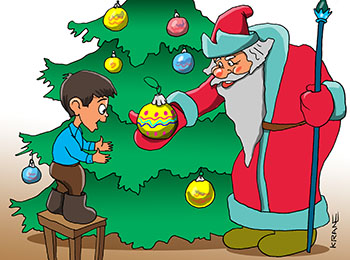 Карикатура о шарике с ёлки. Мальчик прочитал стишок на табуретке. Дед Мороз снял красивый стеклянный шар с ёлки и подарил мальчику.