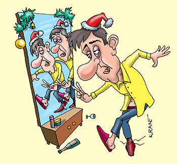 Карикатура про новогодние праздники. Пьяный после празников пьяной походкой мимо зеркала. Двоится в глазах.