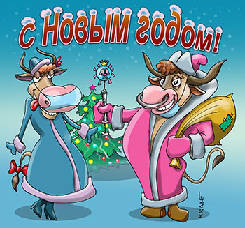 Карикатура Год быка. Бык и корова у новогодней ёлки. Бык Дед Мороз принес подарок вакцину от коронавируса.