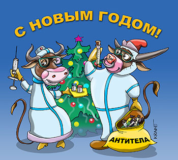 Карикатура про антитела. Дед Мороз и Снегурочка у ёлки с подарками. Вакцина и антитела самые желанные подарки.
