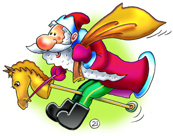 Карикатура о годе лошади. Год лошади. Дед Мороз скачет на игрушечной лошадке с колесиком. Мешок на плече в руке удила. 