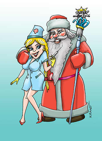 Карикатура про год медицинской сестры. Дед Мороз и медсестра в год мыши