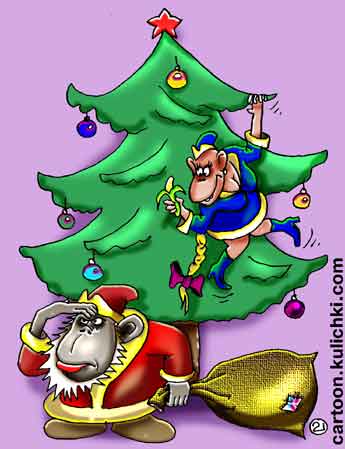 Открытка с Новым годом обезьяны. Снегурочка – настоящая обезьяна взобралась на елку и жует банан. Дед Мороз – шимпанзе с ушами, прохлопал внучку и не может ее найти.   