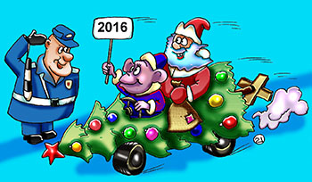 Открытка с Новым годом обезьяны. Дед Мороз едет на елке с обезьяной на праздник. ГАИшник приветствует, отдает честь и не берет штраф за превышение скорости.
