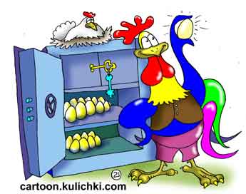Открытка с Новым годом петуха. Петух помогает гаишнику расставлять дорожные знаки. Петух пересчитывает свои золотые яйца. Он их хранит в сейфе. Курица несет золотые яйца.