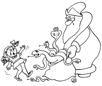 Карикатура о змеях. Дед Мороз принес подарки. Мешок полон змей разных видов. Девочка испугалась подарка.