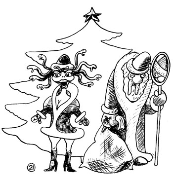 Карикатура о змеях. Дед Мороз и Снегурочка у новогодней елки. Снегурочка в год змеи нарядилась в Горгону с прической из змей. Дедушка смотрит на нее только через кривое зеркало.