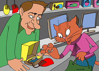 Карикатура о мышках. Кот в компьютерном магазине выбирает себе мышь. Мышь должна хорошо лежать в руке. карикатура