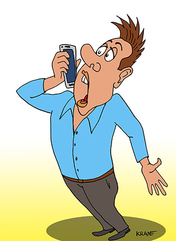 Карикатура о сотовом телефоне. Человек разговаривает по сотовому телефону