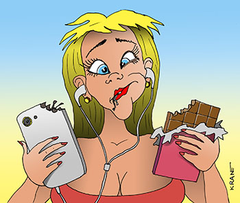 Карикатура о смартфоне. Смартфон стал ультра тонким и супер вкусным. Что вкуснее смартфон или шоколадка. 