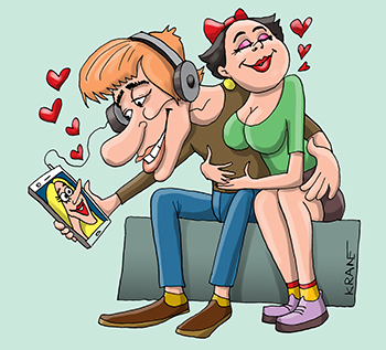 Карикатура про про любовь. Девушка и парень обнимаются. Молодой человек разговаривает по телефону с другой девушкой.