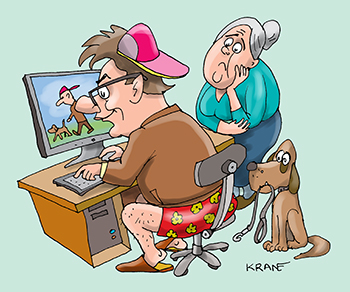 Карикатура про игру с собакой. Гуляет с собакой в компьютерной игре.