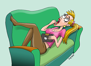 Карикатура про мечты. Девушка на диване с Айпадом мечтает.