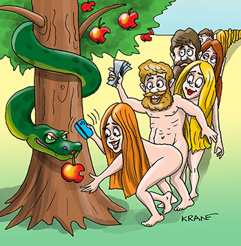 Карикатура про старт продаж нового гаджета. Огромная очередь на покупку яблока. Змей продает яблоки фанатам гаджета.
