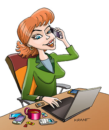 Карикатура про телефонных мошенников. Девушка звонит с разных телефонов по телефонной базе абонентов. Использует разные симки.