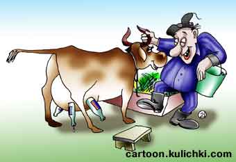 Карикатура про алкоголиков. Пьяный фермер доит с одной коровы пять бутылок чистого спирта.