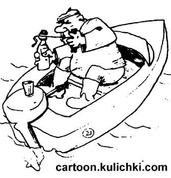 Карикатура про алкоголиков. Заводит мотор моторной лодки дергая шнурок обмотанный вокруг горлышка бутылки.