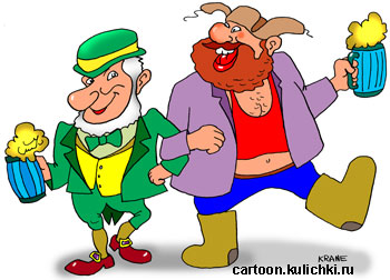 Карикатура про пиво пенное. Пивной ирландский паб и наш русский мужик с желанием зажраться до поросячьего визга.
