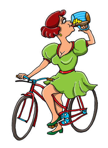 Карикатура о пиве на велосипеде. Красавица на велосипеде пьет пиво из кружки.