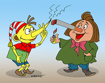 Карикатура про курение. Карандаш стал курить. Буратино пытается закурить от карандаша.