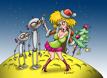 Карикатура про Новый год на Луне. После встречи Нового года может занести даже на Луну