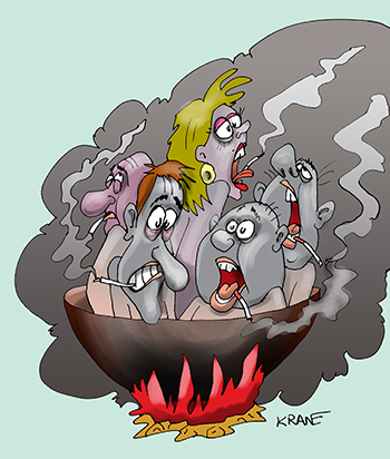 Карикатура про ад для курильщиков. В котле варятся грешники курильщики. 