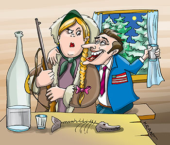 Карикатура про девушку с ружьем. Гражданин США обнимает Веру и Нику, выпив самогона.