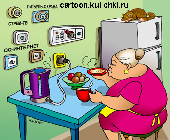 Карикатура про социальную розетку. У бабушки на кухне куча всяких розеток на стене возле кухонного стола и холодильника.