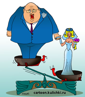 Карикатура про свадьбу. Невеста маленькая, но весит больше чем ее полный жених на весах.