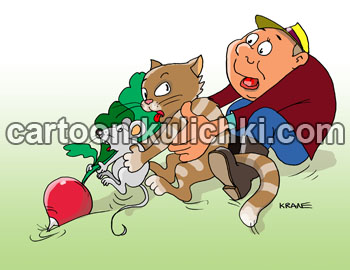 Карикатура о редиске. Редиску тянет мышка, мышку схватила кошка, кошку поймал дачник. Борьба за первый урожай и весенние витамины.