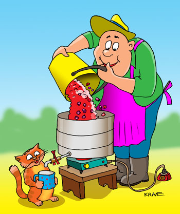 Карикатура про варку сока. Дачник в соковарке варит сок из ягод малины. от с кружкой около соковарки на плитке ждет когда потечет сладкая водичка.