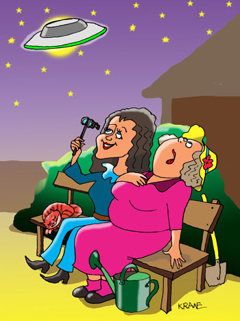 Карикатура о НЛО. Мать с дочерью на скамейке вечером наблюдают за полетом НЛО на фоне звездного неба. Кот спит на скамейке калачиком. Тарелка в небе с зеленой каёмкой.