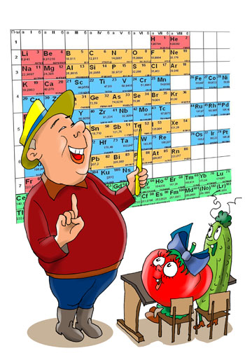 Карикатура об удобрениях. Дачник показывает таблицу Менделеева для овощей и фруктов. Кормит растения минералами из таблицы Менделеева.