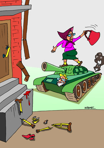 Карикатура о крыльце. Бабка на танке штурмует высокое крыльцо. Размахивает авоськой.
