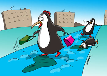 Карикатура о гололёде. Люди по люду как пингвины мелкими шагами передвигаются. 
