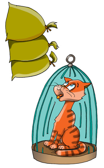 Карикатура про кота в клетке. Рыжий кот в клетке.