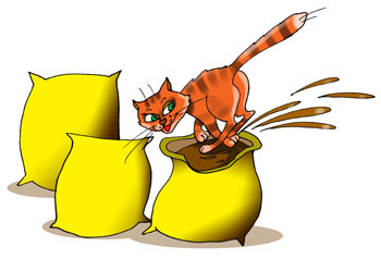 Карикатура о разбрасывании удобрений. Кот роется в менке, разбрасывает удобрения по даче.
