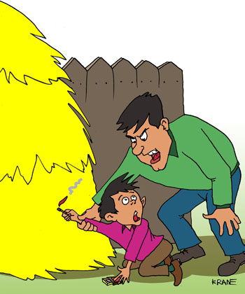 Карикатура о поджоге сена. Мальчик поджигает стог сена у забора. Его отец останавливает за руку.