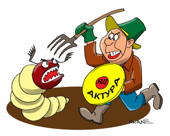 Карикатура о борьбе с личинками майского жука. Дачник с вилами и ядами борется с личинками майского жука.