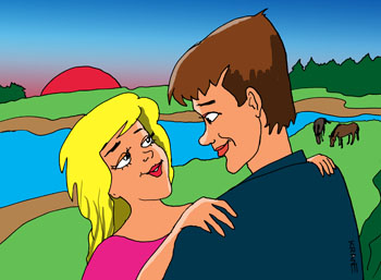 Карикатура о любви. Девушка с парням влюбленные у реки на закате солнца целуются, обнимаются.